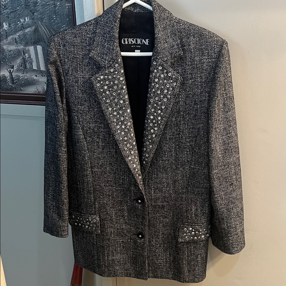 Criscione Black Tweed Blazer with Studded Lapels